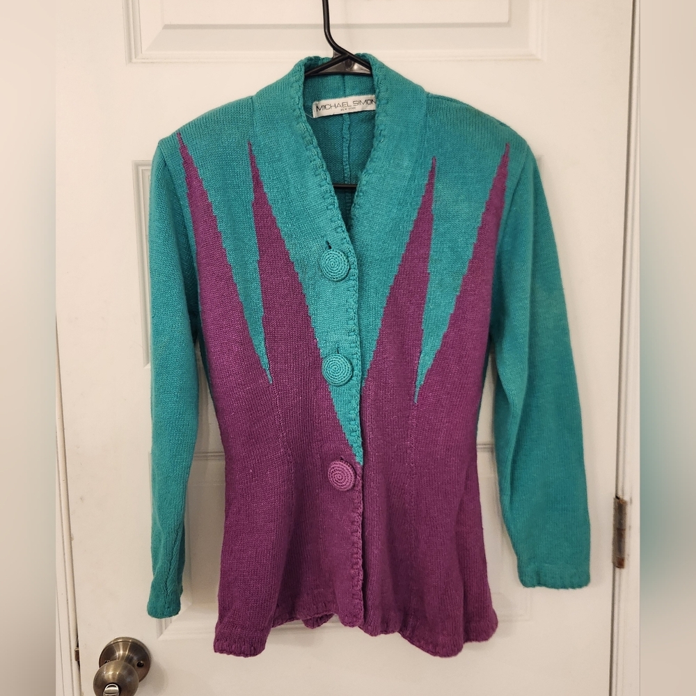 Vtg Michael Simon Button Up Sweater Womens Modern Size S Blue Purple #AA1066